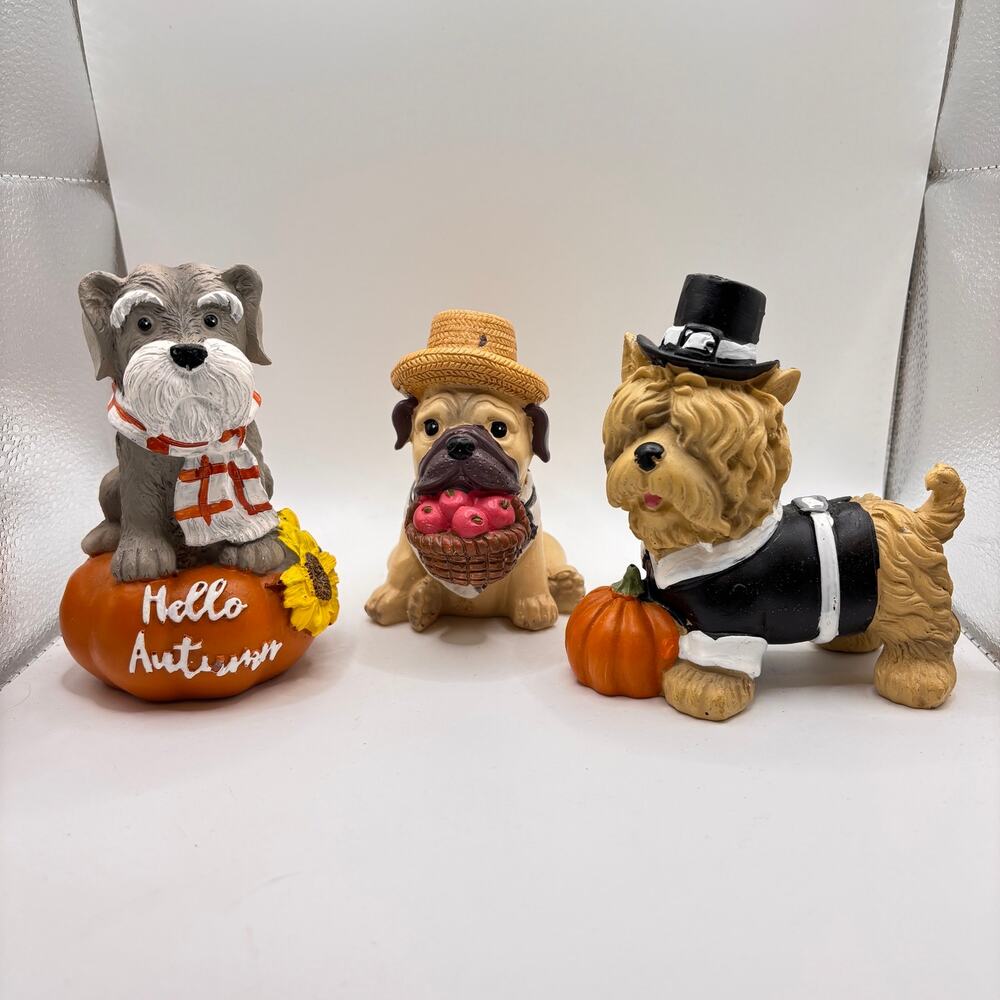 Fall Autumn Harvest Schnauzer Pug Terrier Dog Figurines Decor Pumpkins Apples